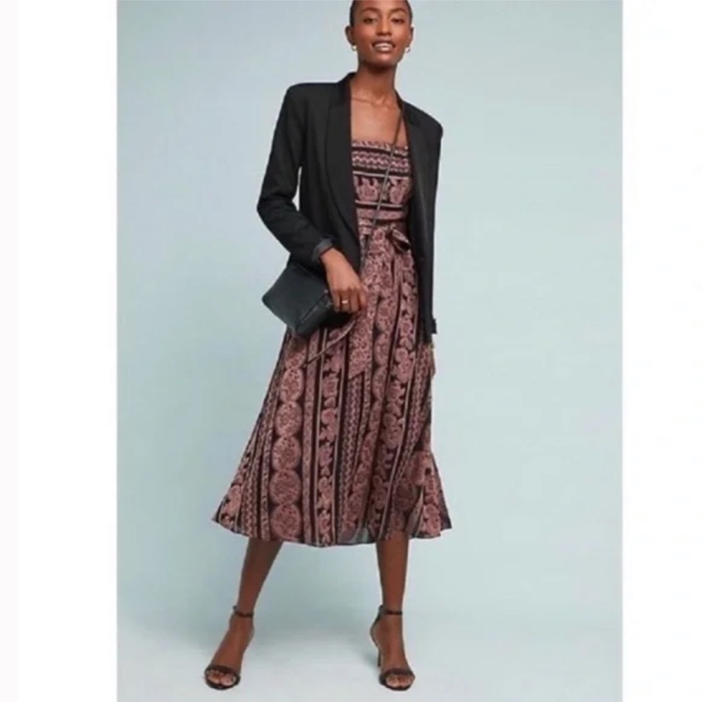 Strapless Vanessa Virginia Jardin Jacquard Floral Midi Dress | Anthro | US 8